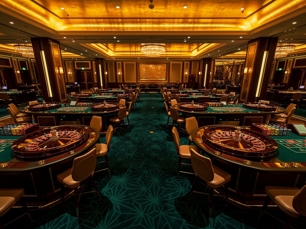 Australian luxury casino gaming floor with amber ceiling lights