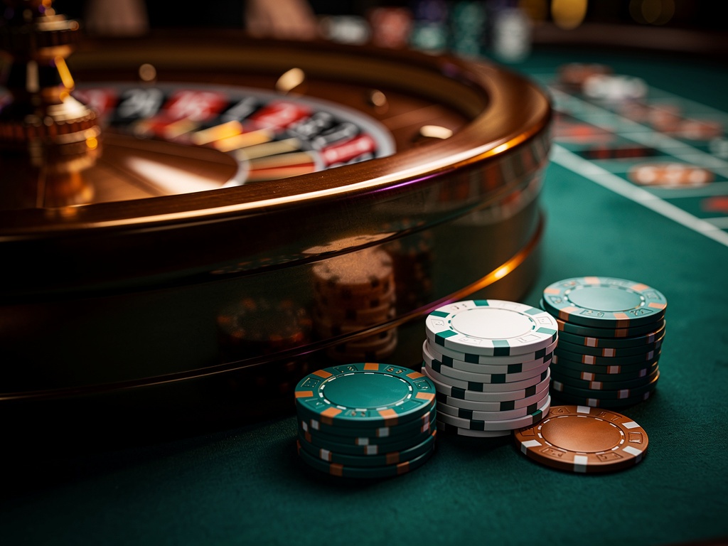 Luxury casino roulette table with teal and copper tones